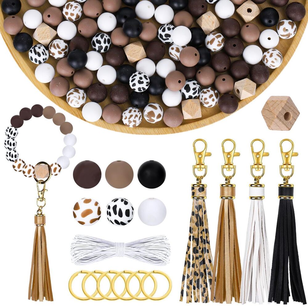 6162 100Pcs Cow Print Silicone Beads Assorted Brown Black White Round